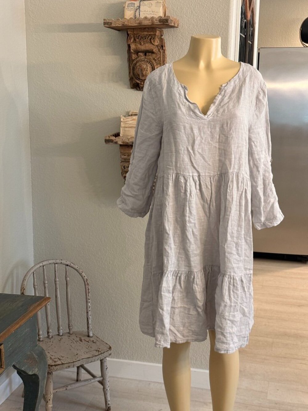 FRANCESCA BETTINI Italian Linen Dress below knee 3/4 sleeve v-neckline